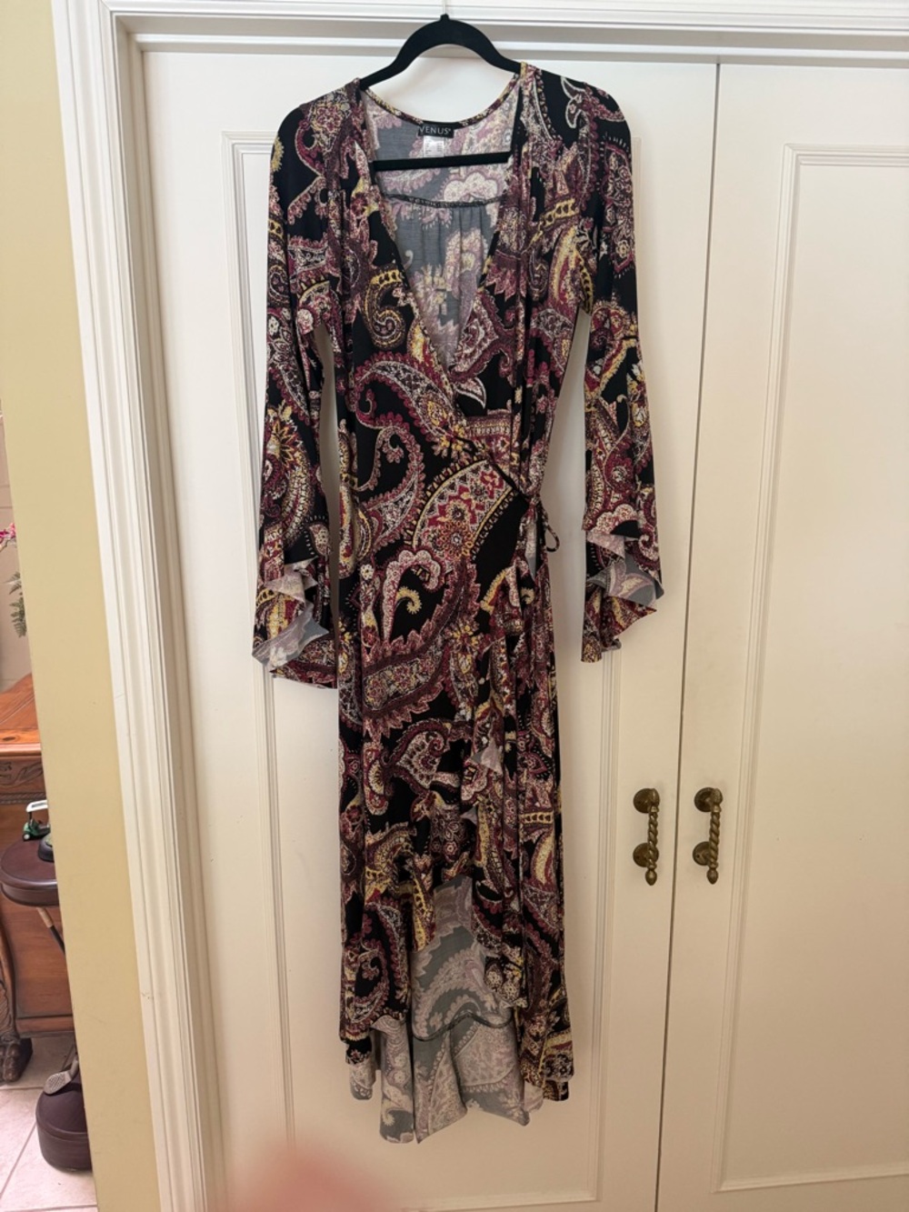 VENUS Black Paisley Wrap High-Low Dress with Pink & Gold Accents